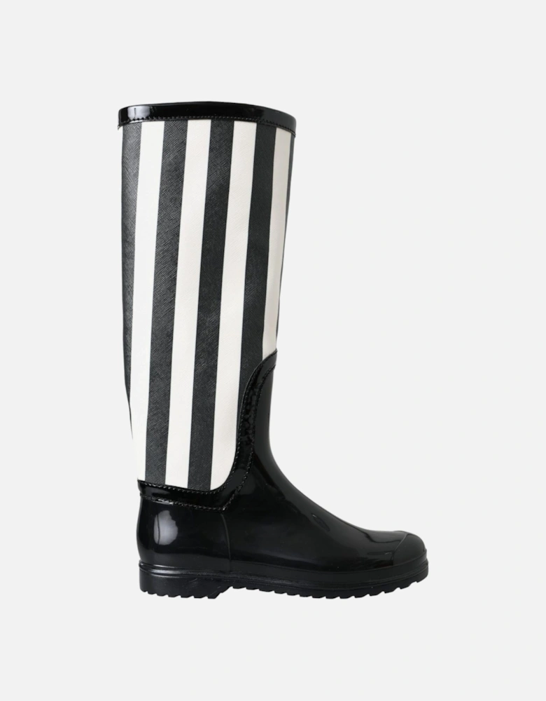 Striped Knee High Flat Boots - High Craftsmanship Women - Black And