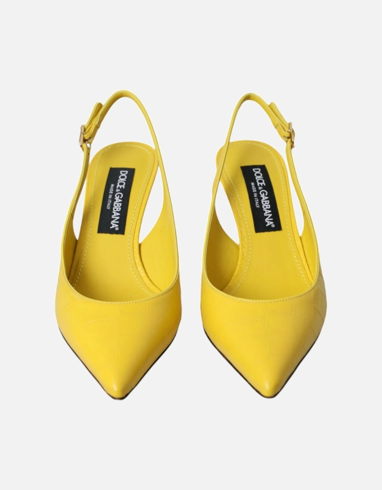 Yellow Croc Pattern Leather Slingback Heels with Buckle Closure Women