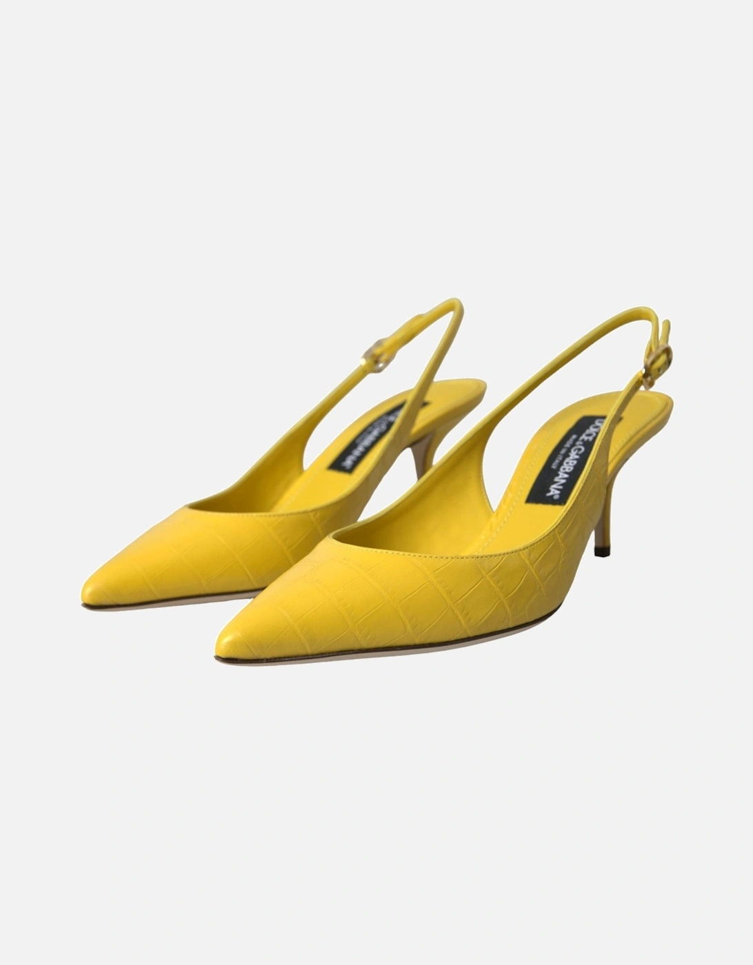 Yellow Croc Pattern Leather Slingback Heels with Buckle Closure Women