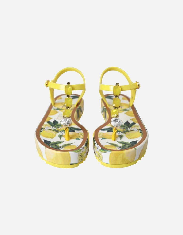 Leather Embellished Flat Sandals - Yellow Women