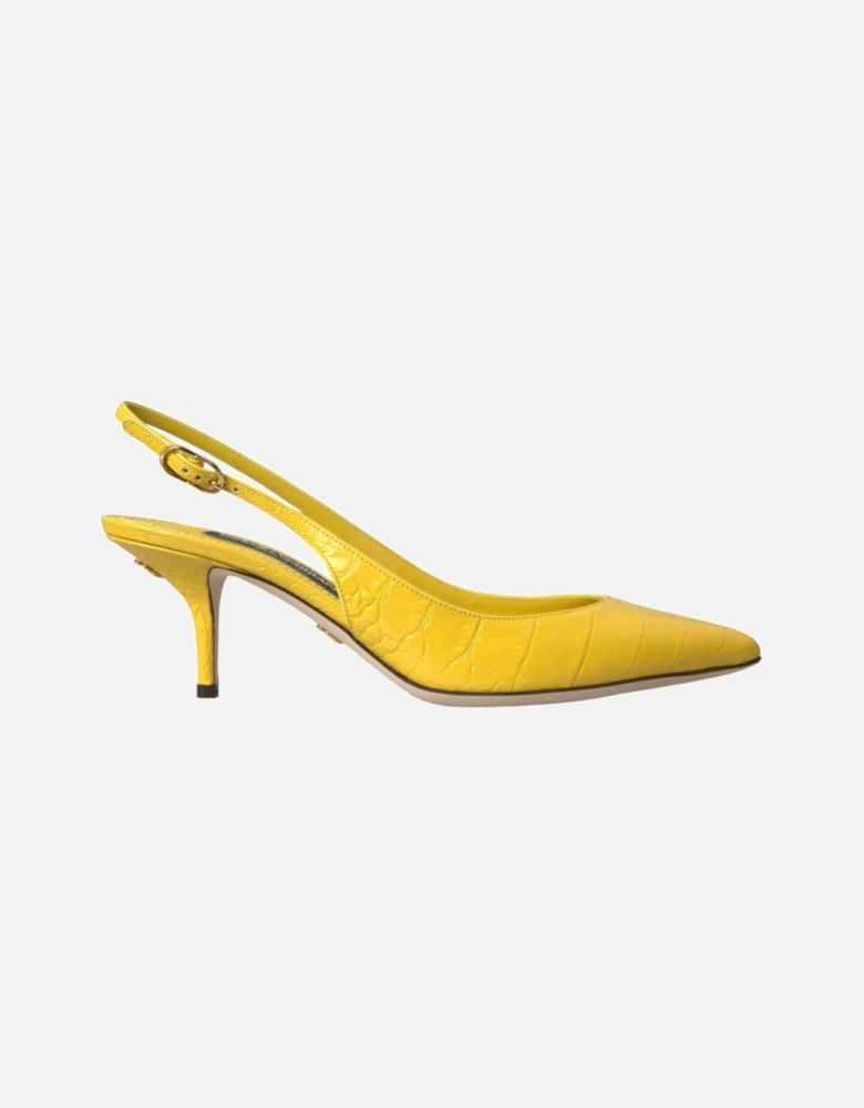 Yellow Croc Pattern Leather Slingback Heels with Buckle Closure Women