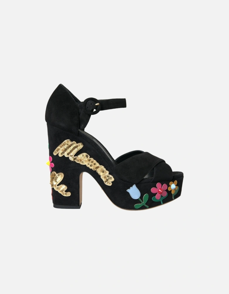 Floral Sequin Ankle Strap Heels Sandals Women - Black