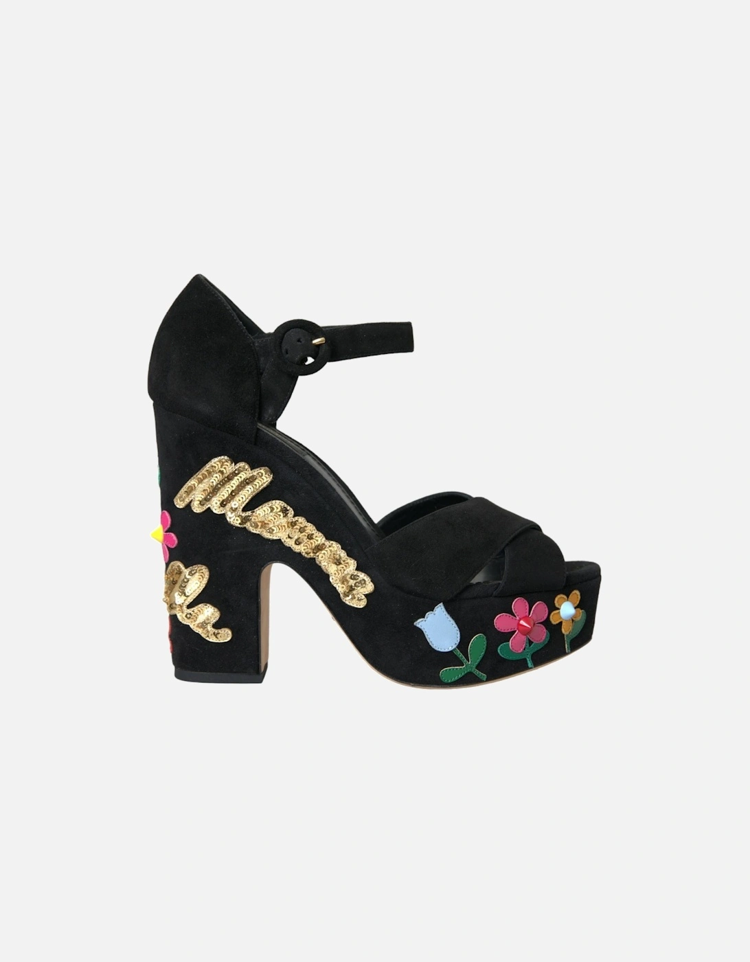 Floral Sequin Ankle Strap Heels Sandals Women - Black, 7 of 6