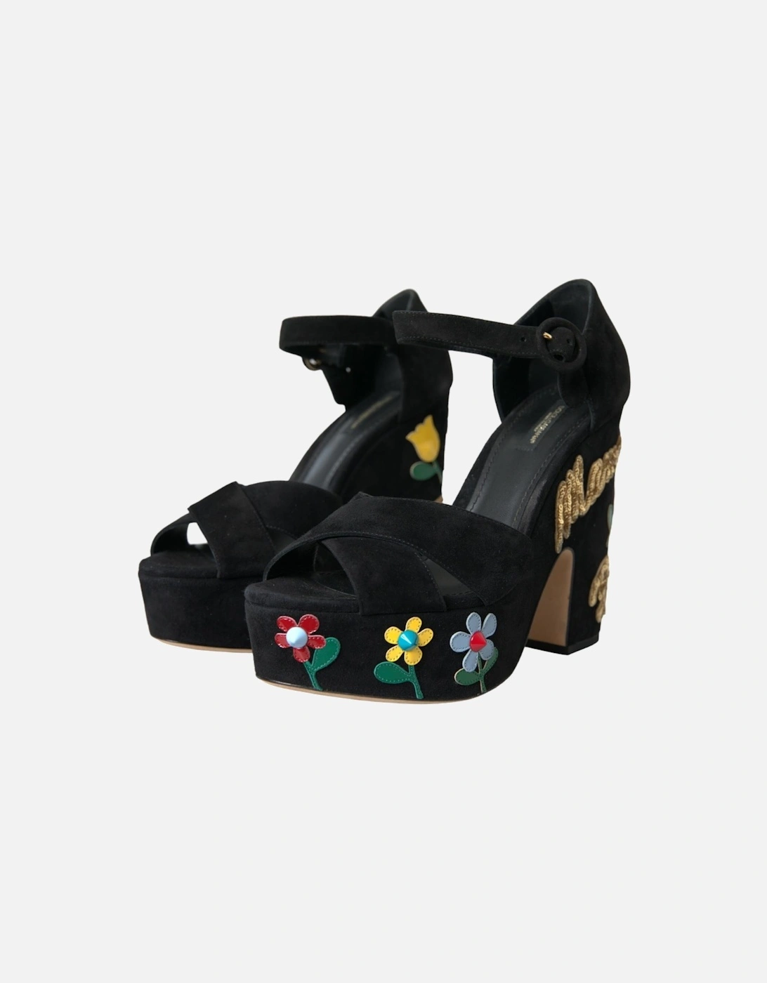 Floral Sequin Ankle Strap Heels Sandals Women - Black