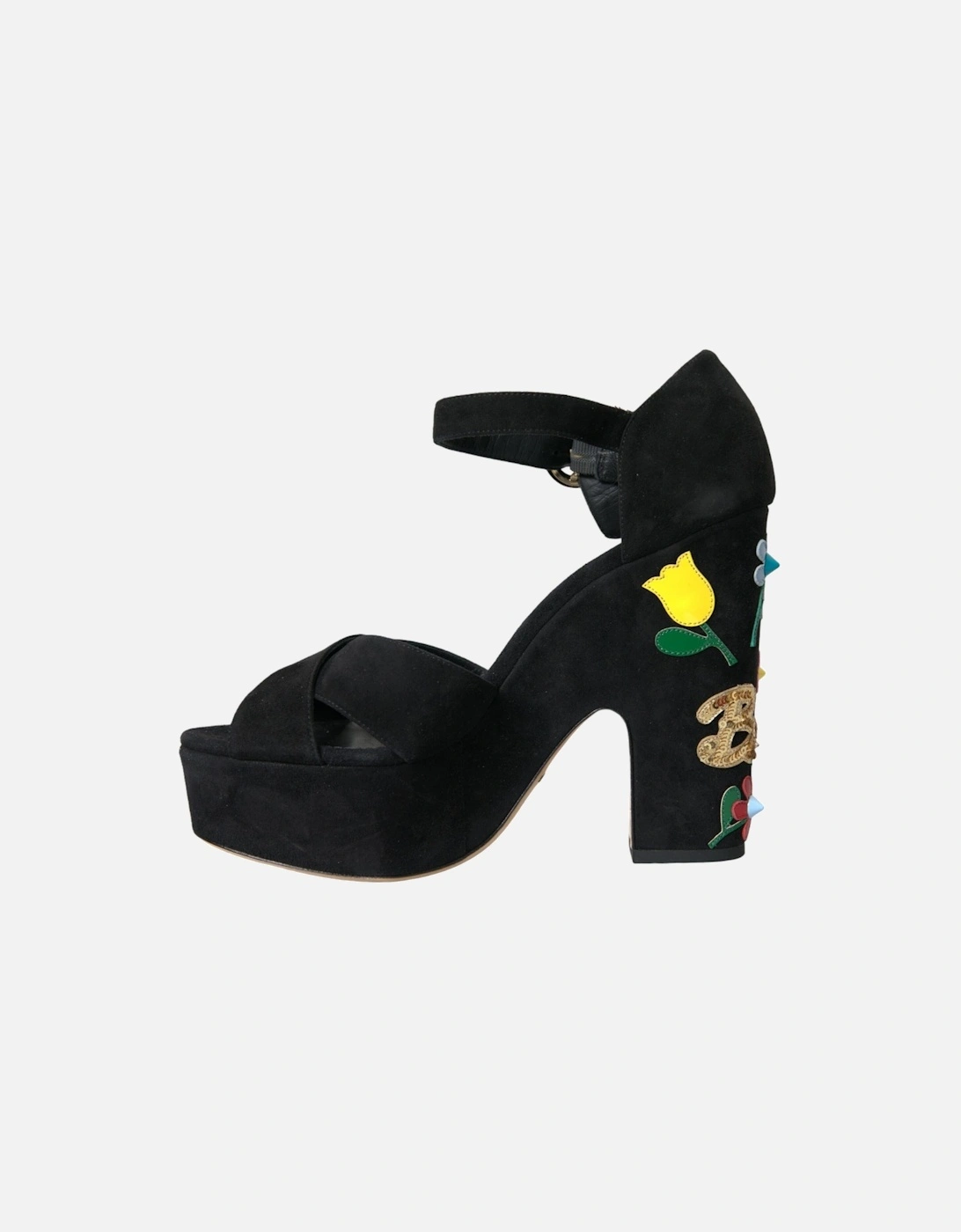 Floral Sequin Ankle Strap Heels Sandals Women - Black