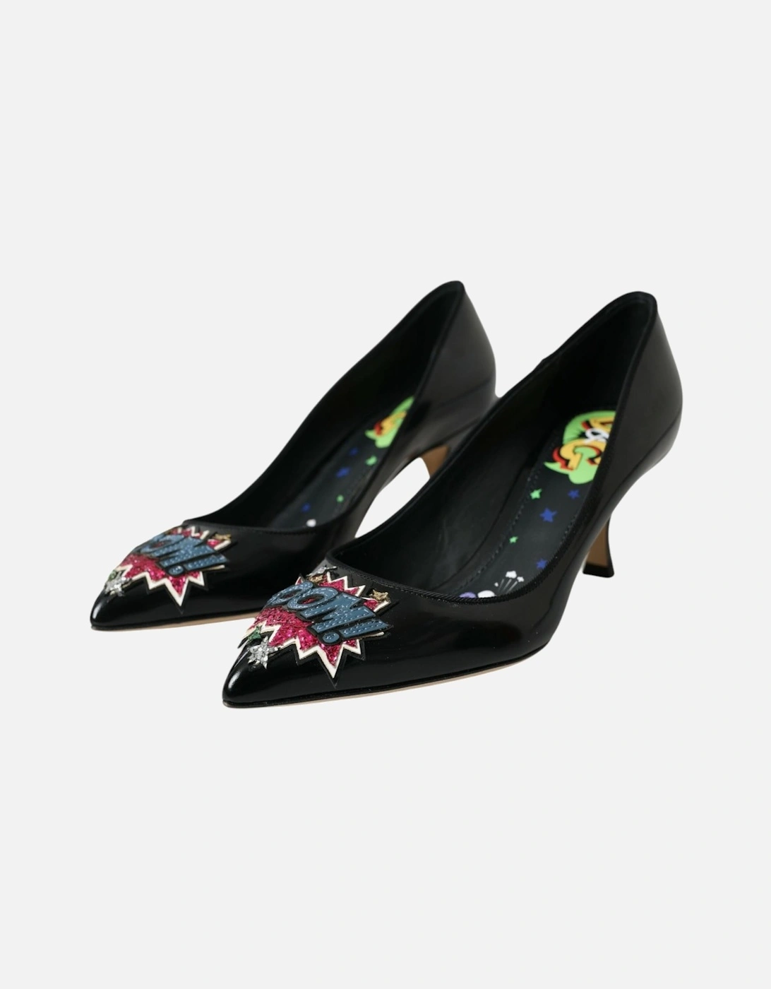 Patch Embellished Leather Heels Pumps Women - Black