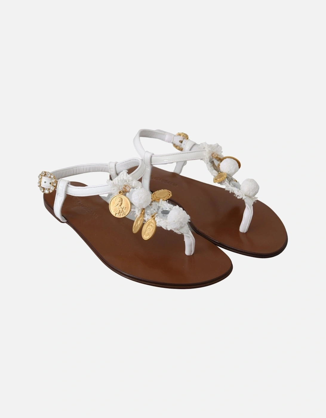 White Leather Sandals Medallion Embellished Women