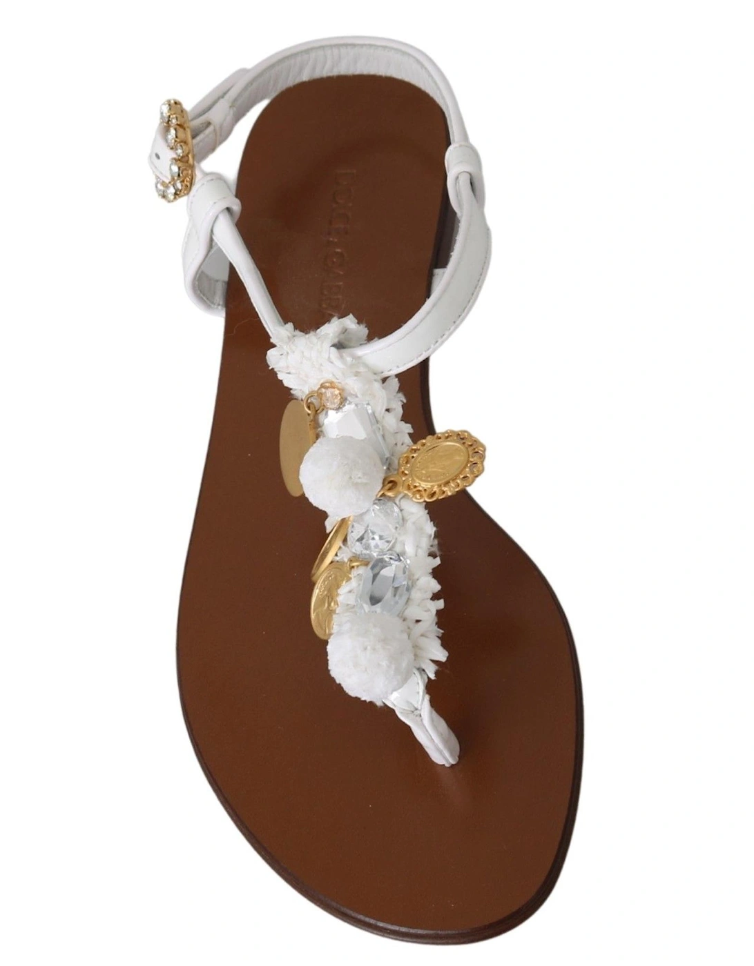 White Leather Sandals Medallion Embellished Women