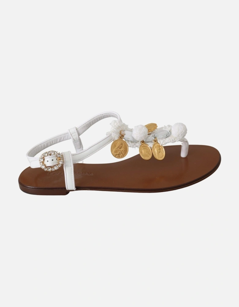 White Leather Sandals Medallion Embellished Women