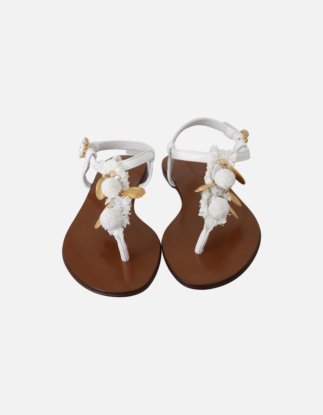 White Leather Sandals Medallion Embellished Women