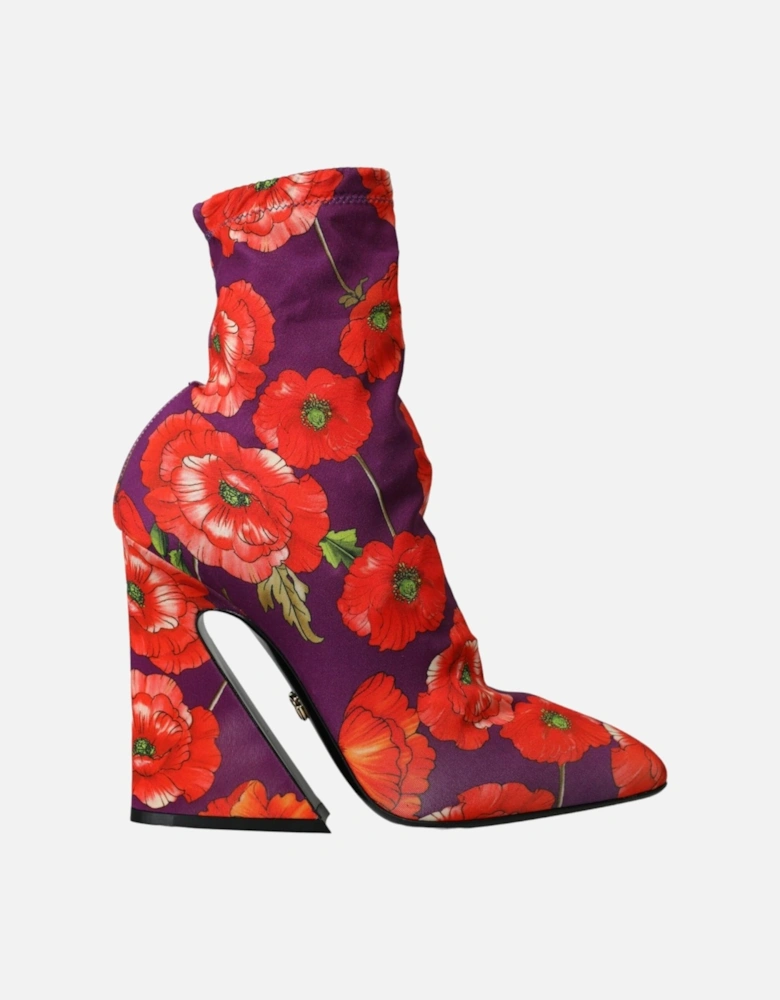 Floral Fabric Ankle Boots with Leather Sole Women - Purple With Orange