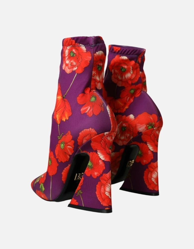 Floral Fabric Ankle Boots with Leather Sole Women - Purple With Orange