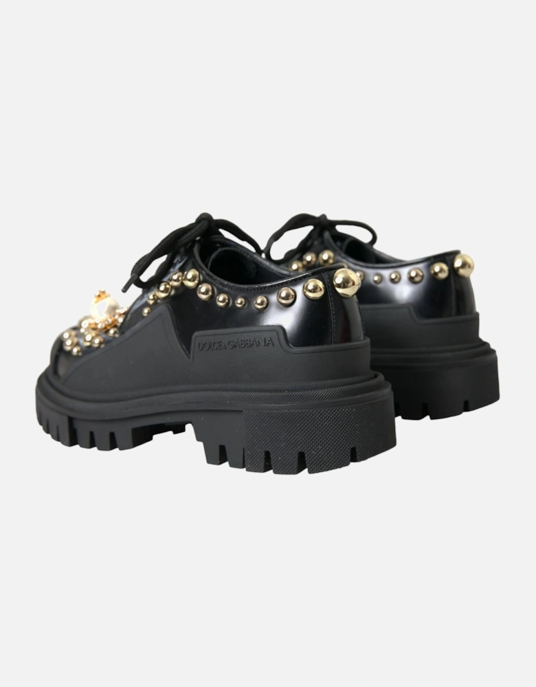 Black Leather Derby Shoes with Gold Stud Detail Women Boots