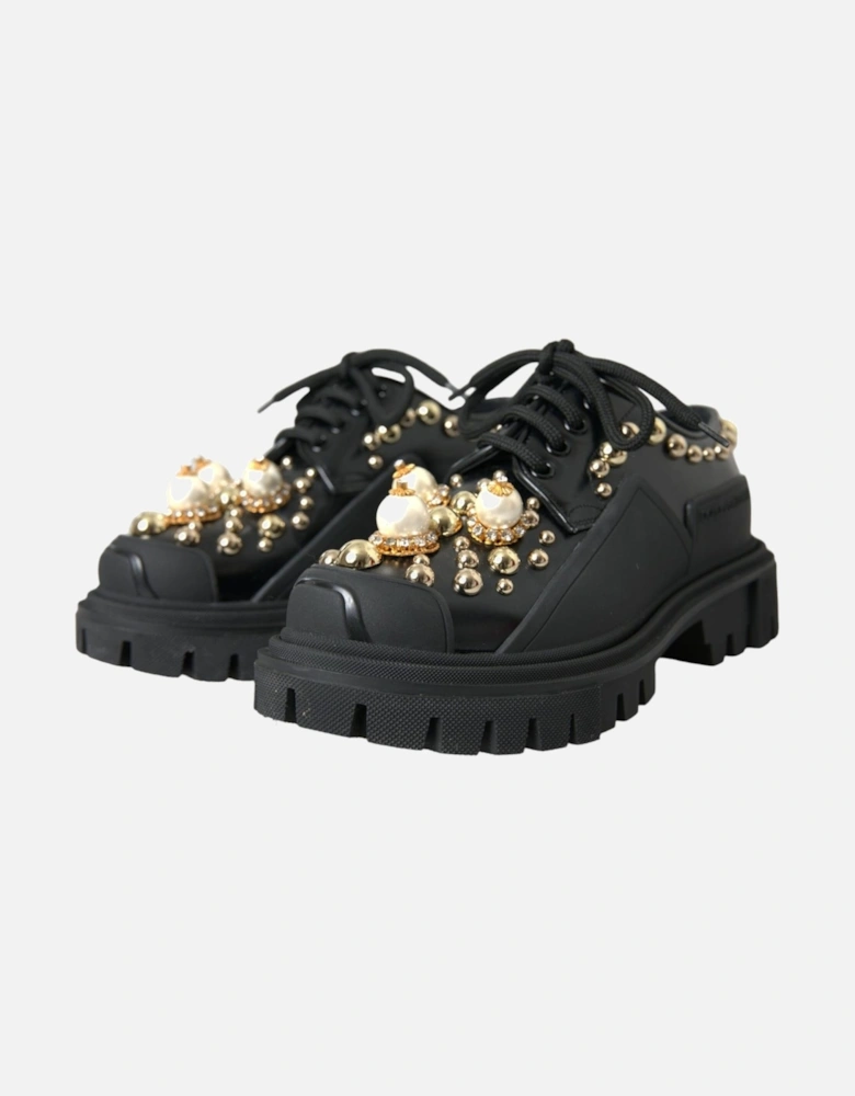 Black Leather Derby Shoes with Gold Stud Detail Women Boots