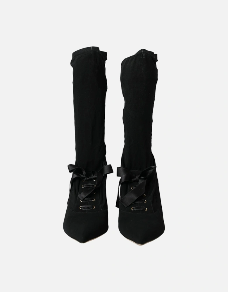 Mid Calf Lace Up Boots with Logo Details Women - Black