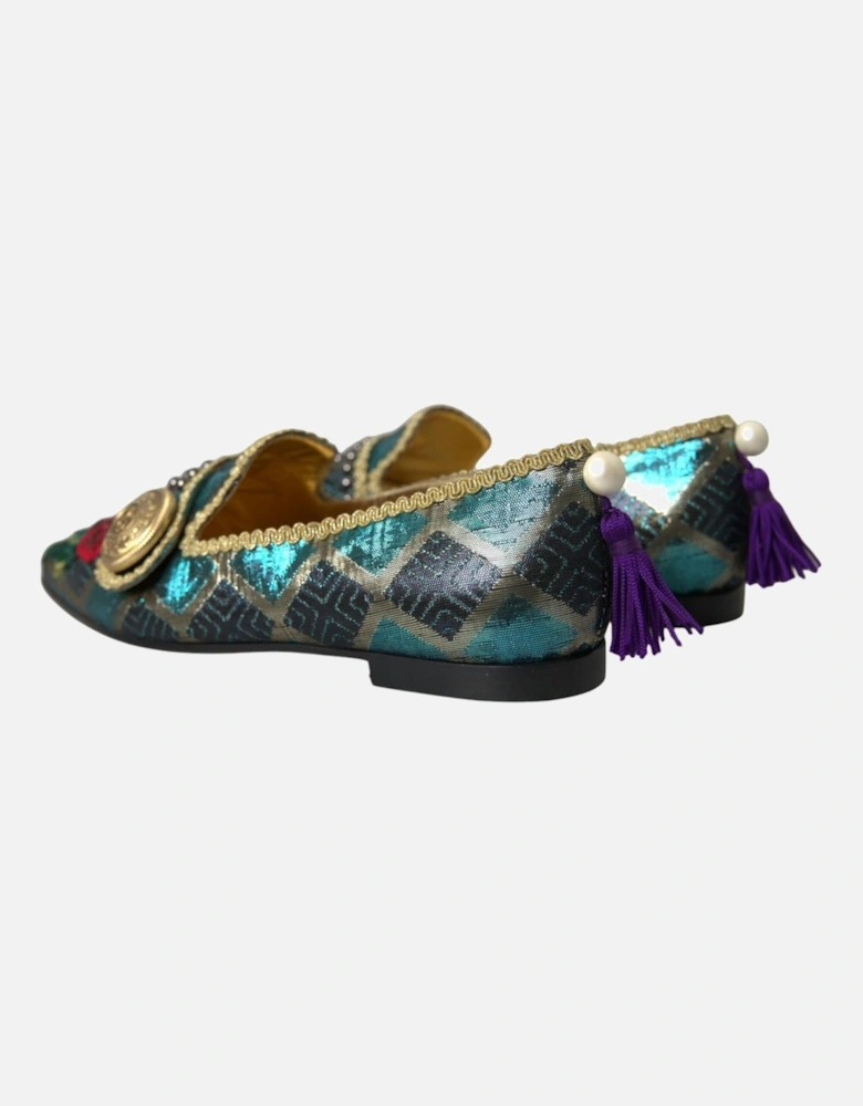 Floral Jacquard Flat Loafers with Leather Sole Women - Blue