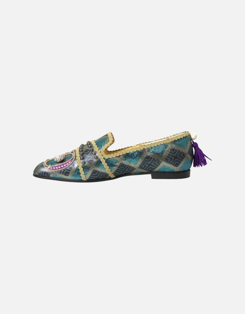 Floral Jacquard Flat Loafers with Leather Sole Women - Blue