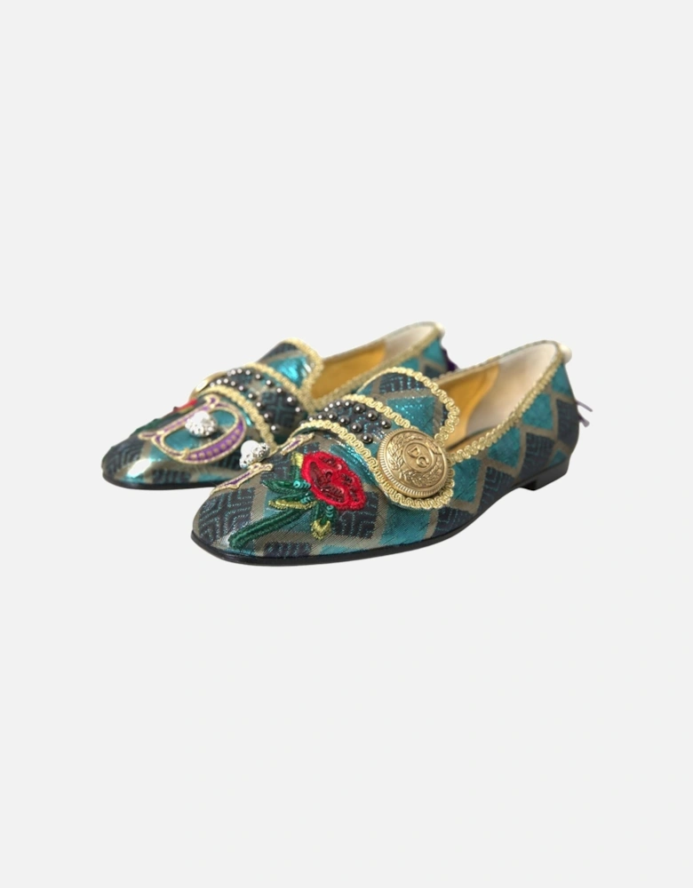 Floral Jacquard Flat Loafers with Leather Sole Women - Blue