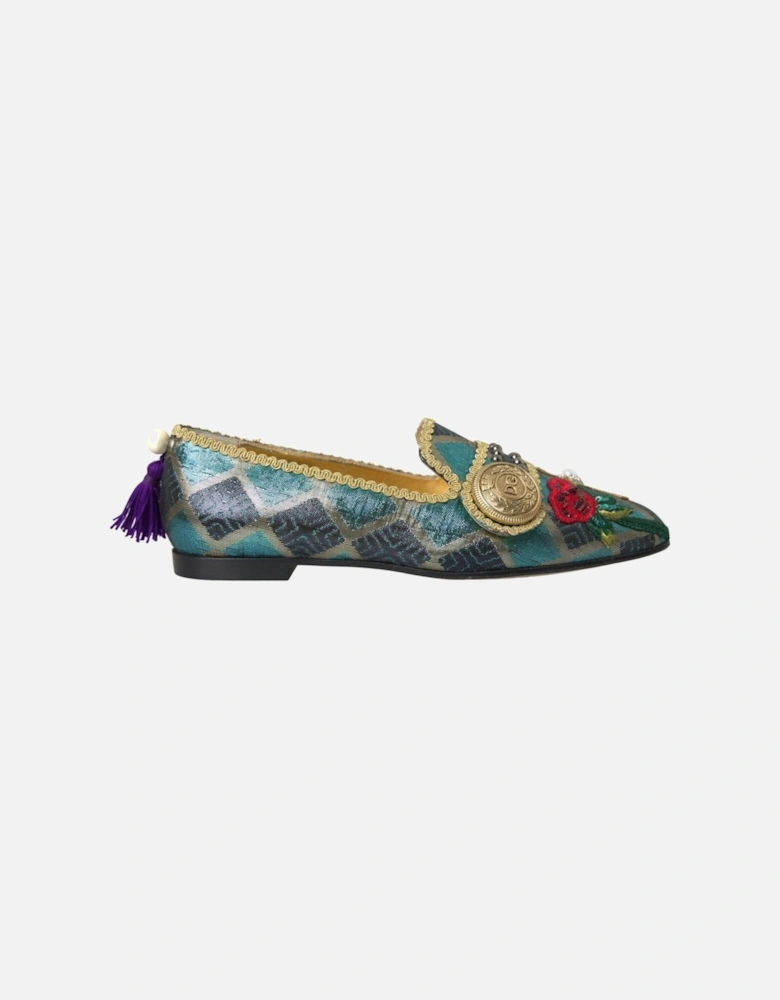 Floral Jacquard Flat Loafers with Leather Sole Women - Blue