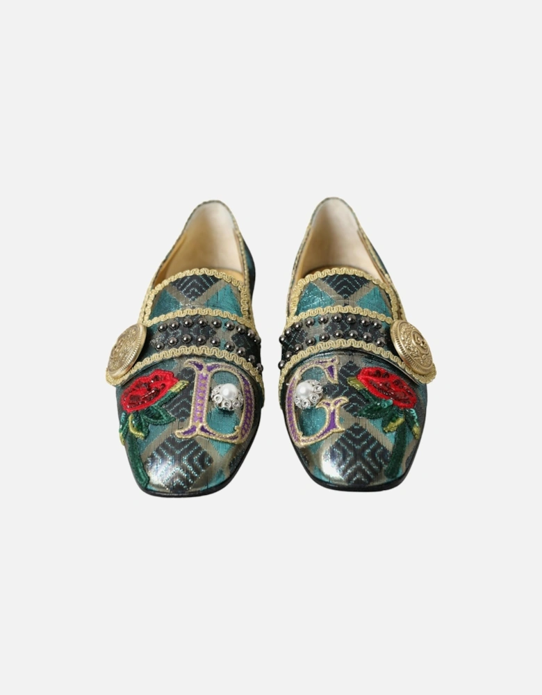 Floral Jacquard Flat Loafers with Leather Sole Women - Blue