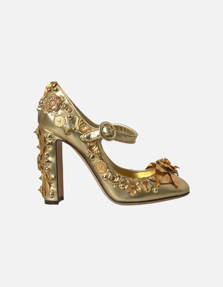 Gold Floral Embellished Mary Janes Pumps Women