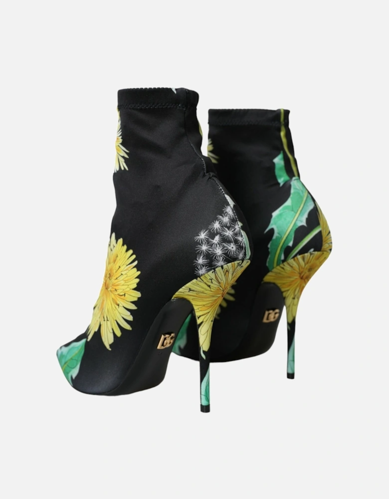 Floral Fabric Ankle Boots with Leather Sole Women - Black