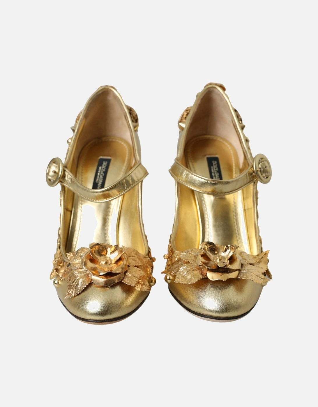 Gold Floral Embellished Mary Janes Pumps Women