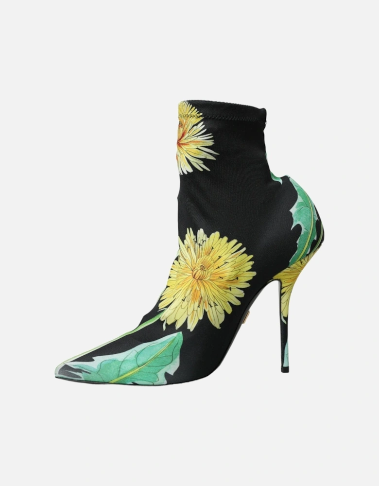 Floral Fabric Ankle Boots with Leather Sole Women - Black