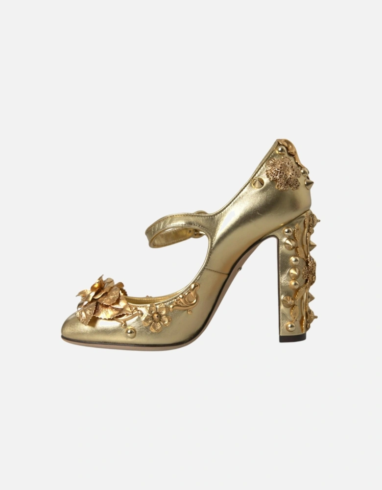 Gold Floral Embellished Mary Janes Pumps Women