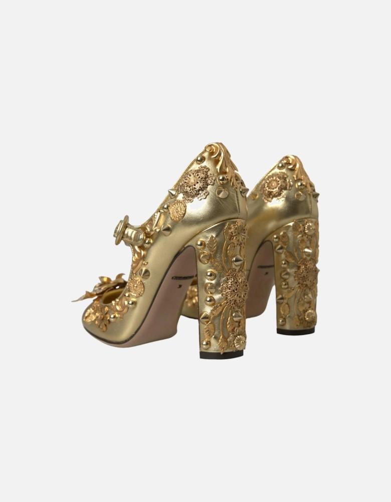 Gold Floral Embellished Mary Janes Pumps Women