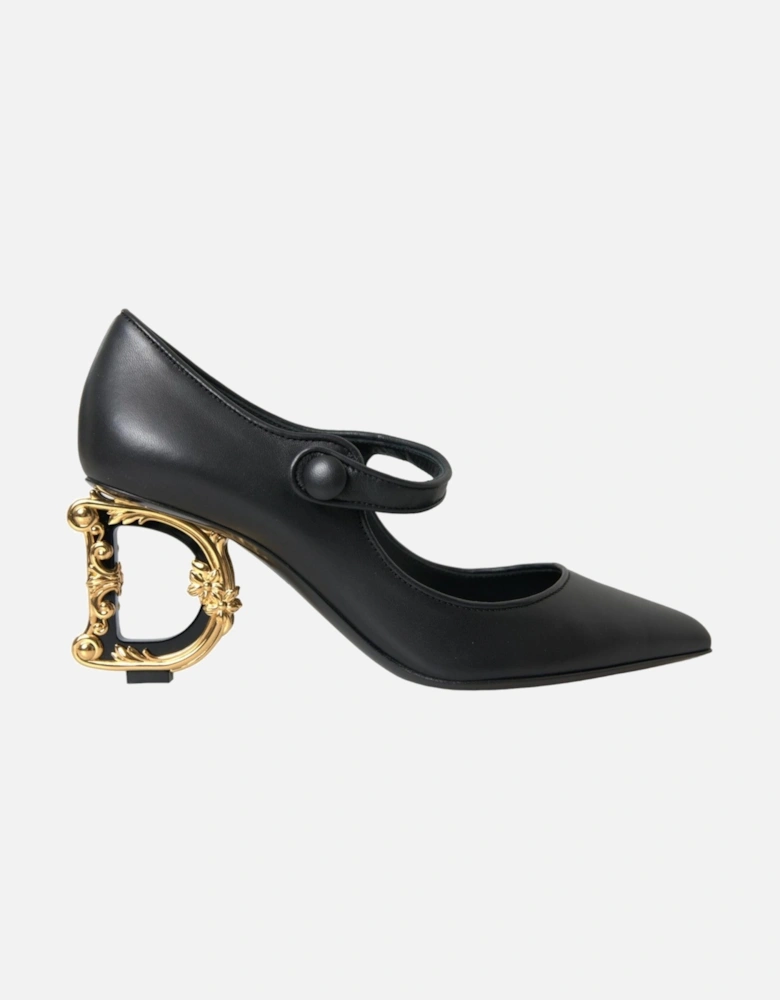 Logo Heel Mary Jane Pumps in Black Lamb Leather Women