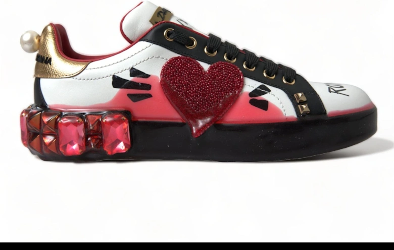 Matte Leather Heart Patch Sneakers with Crystal Details Women -