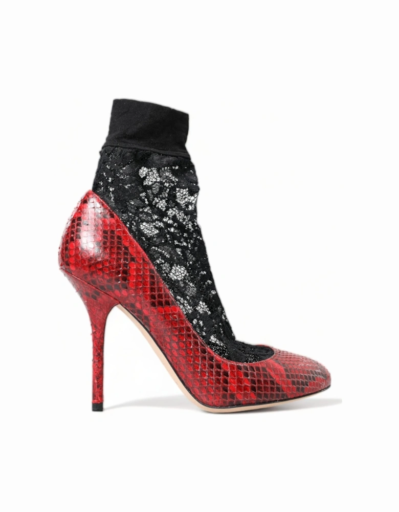 Snakeskin Leather Almond Toe Pumps Women - Black And Red