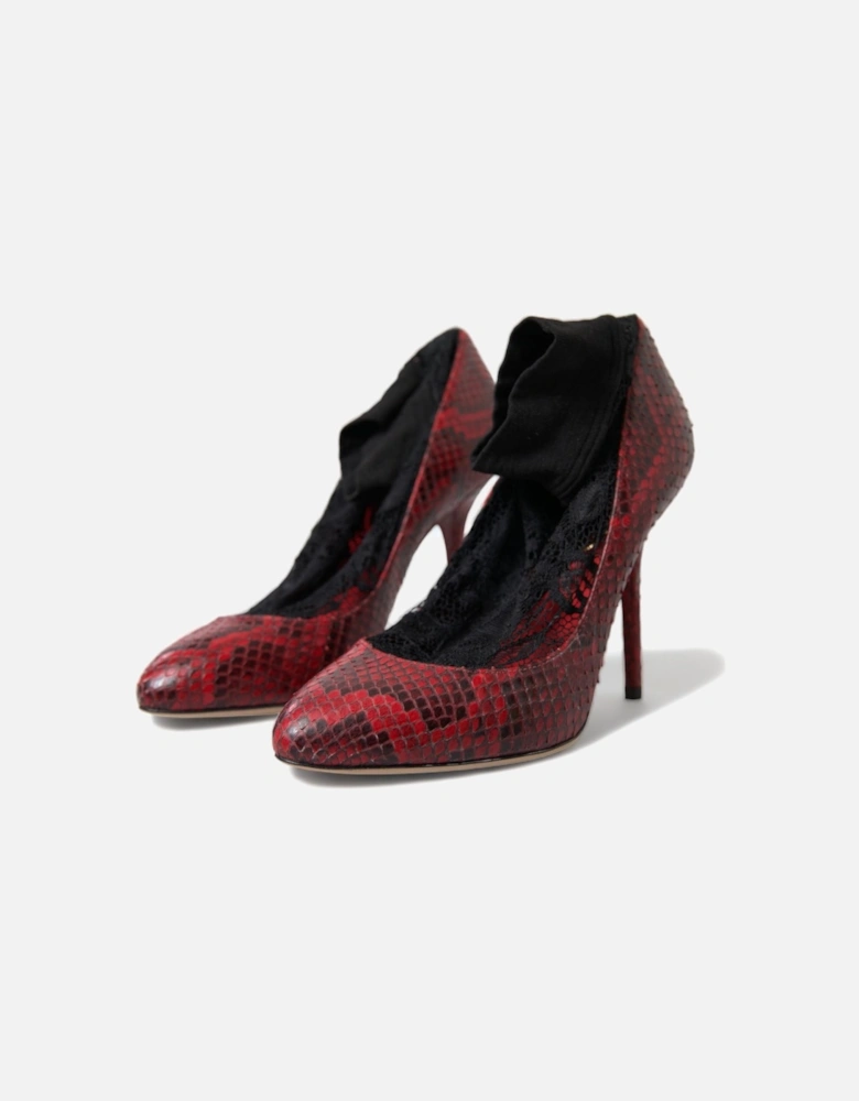 Snakeskin Leather Almond Toe Pumps Women - Black And Red