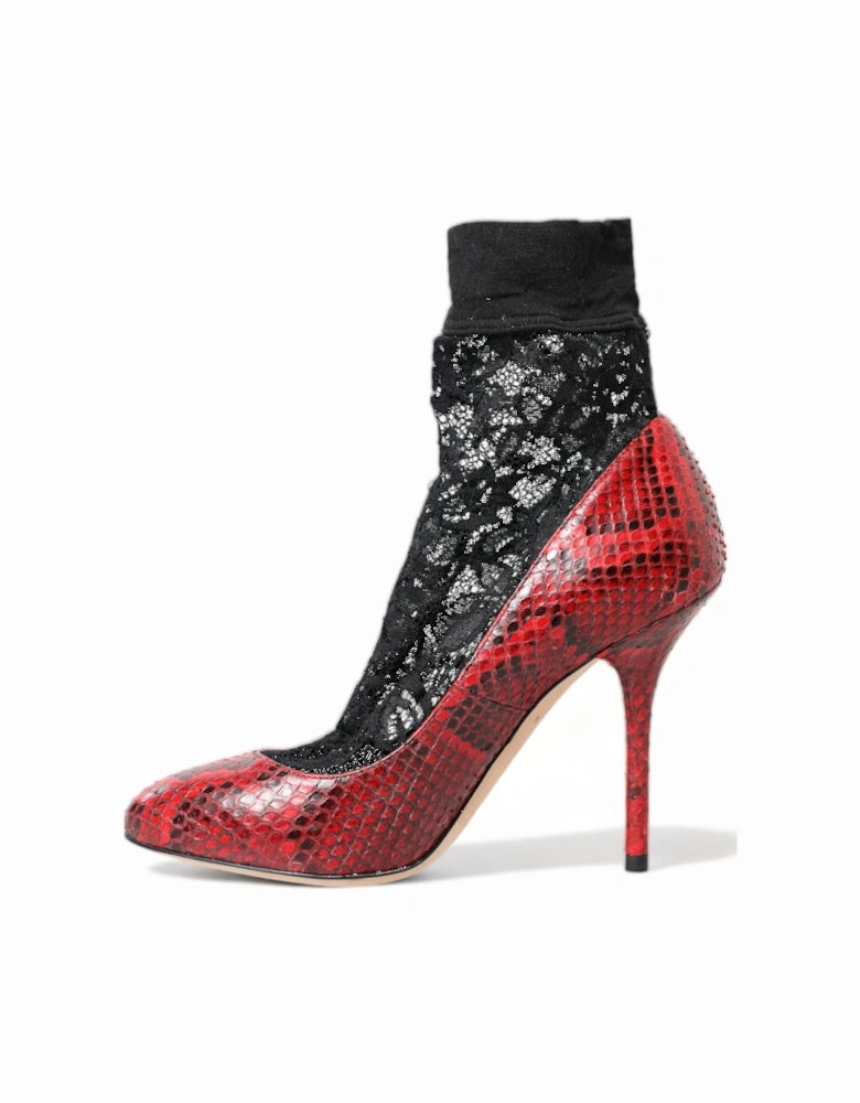 Snakeskin Leather Almond Toe Pumps Women - Black And Red