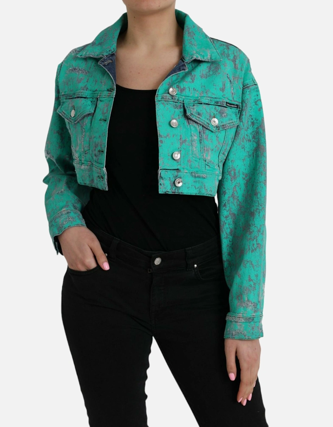 Cropped Denim Jacket with Pointed Collar and Flap Pockets. Women -, 6 of 5