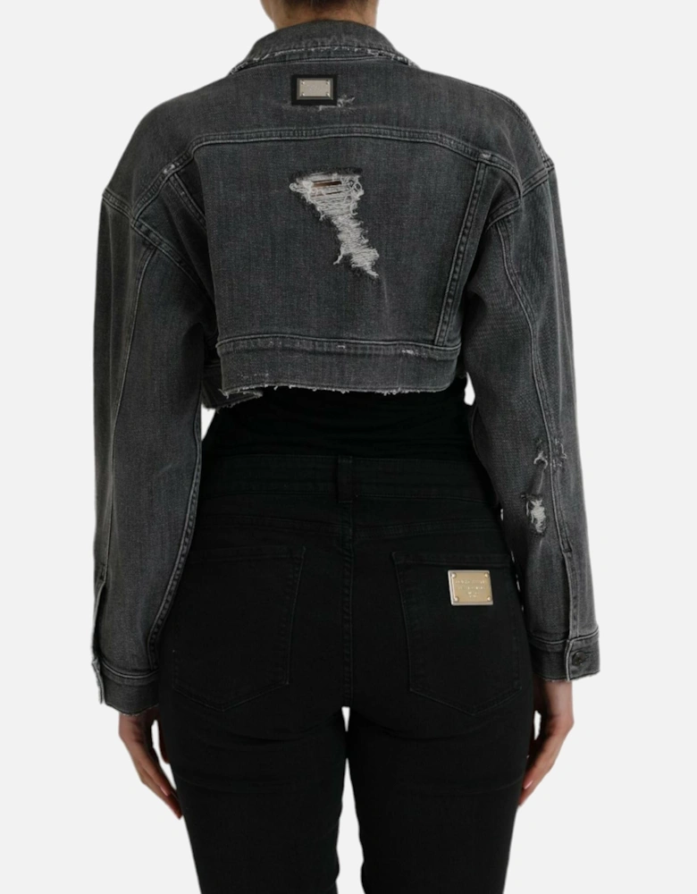 Cropped Denim Jacket with Logo Details and Button Closure Women -