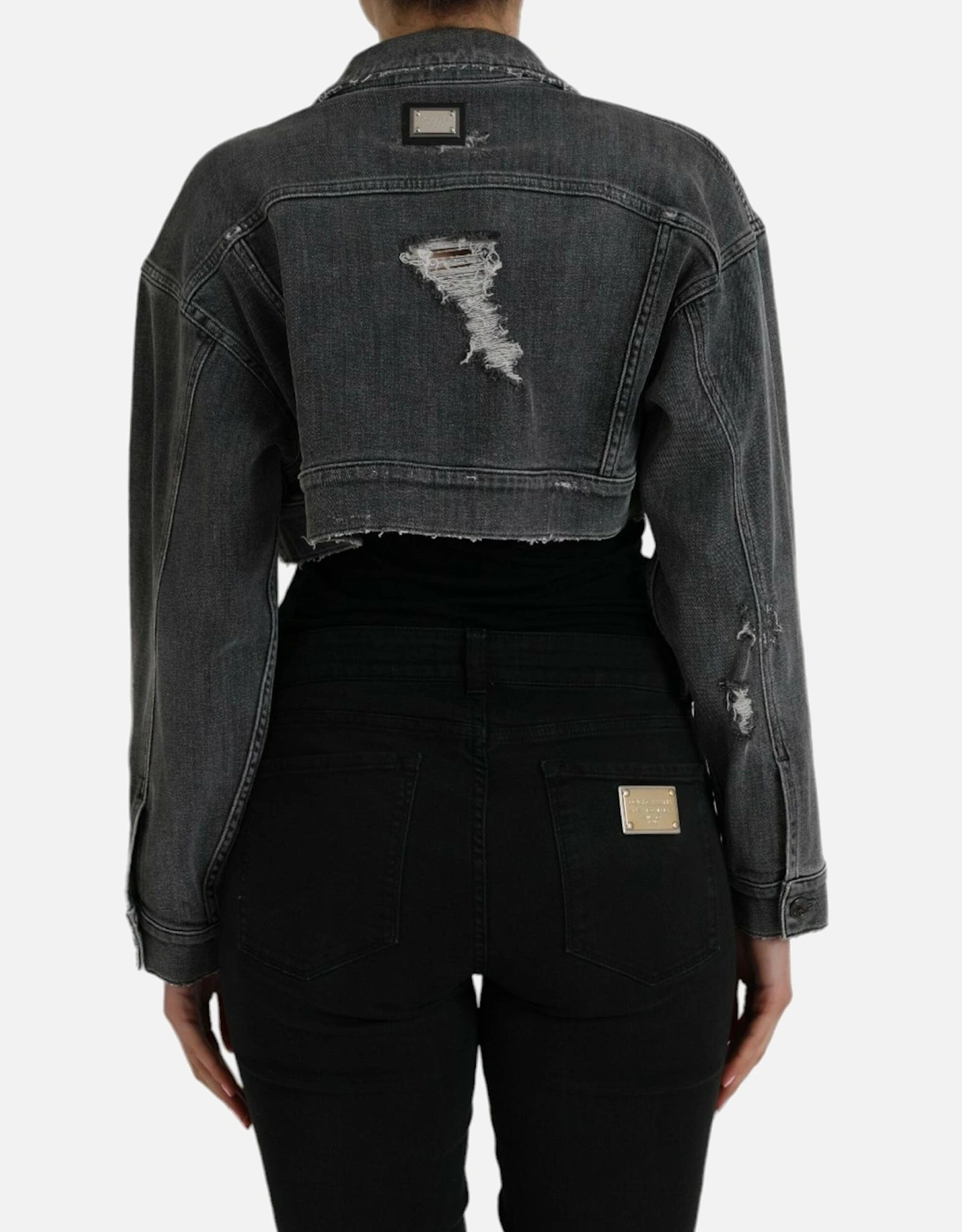 Cropped Denim Jacket with Logo Details and Button Closure Women -