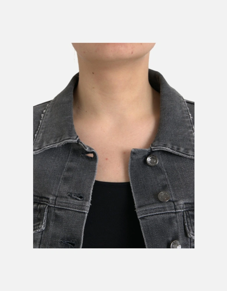 Cropped Denim Jacket with Logo Details and Button Closure Women -