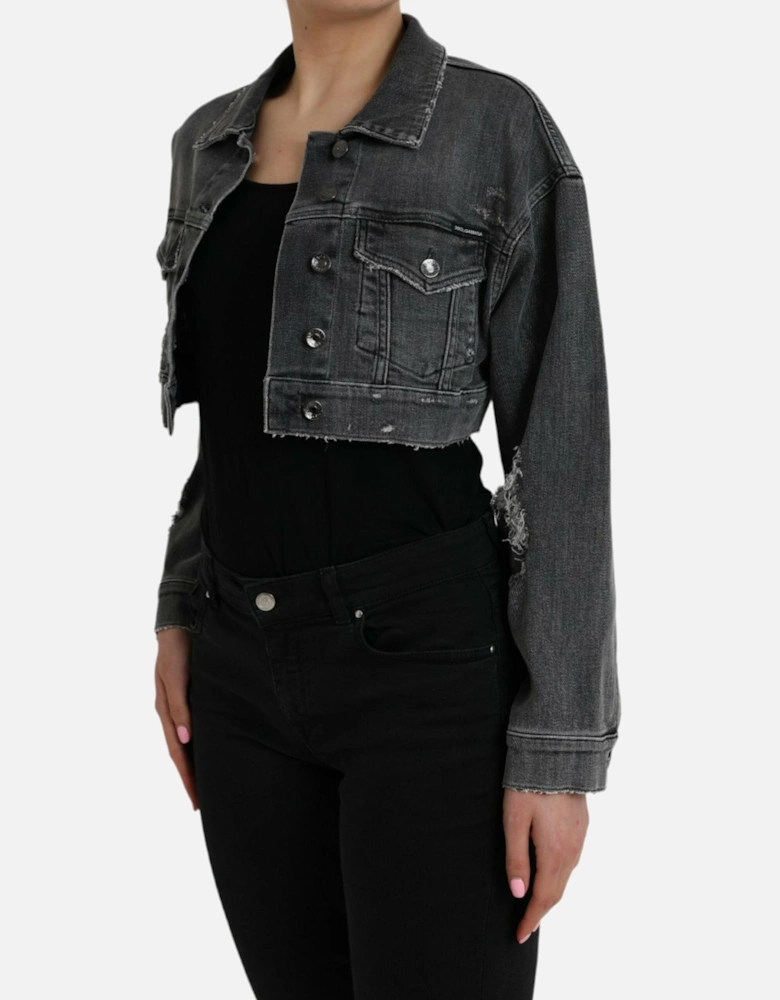 Cropped Denim Jacket with Logo Details and Button Closure Women -