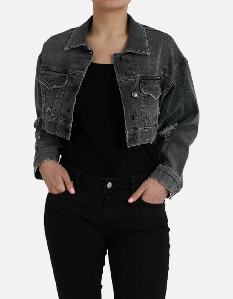 Cropped Denim Jacket with Logo Details and Button Closure Women -