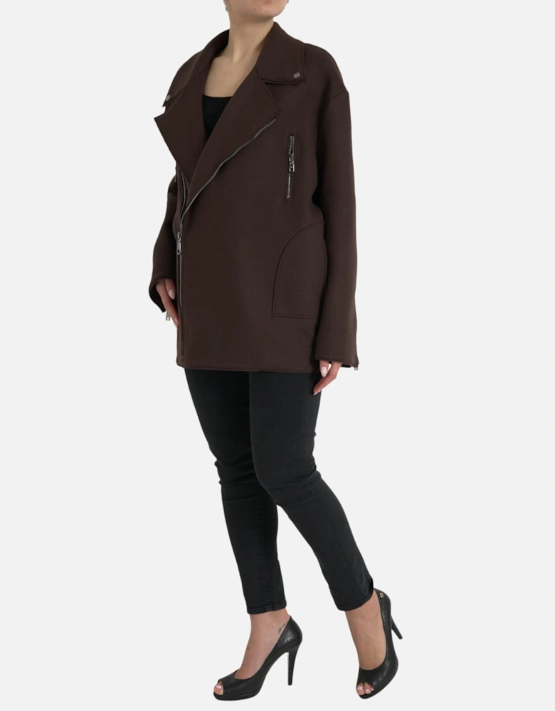 Dark Brown Wool Biker Jacket with Zipper Closure and Logo Details