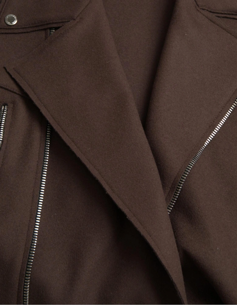 Dark Brown Wool Biker Jacket with Zipper Closure and Logo Details