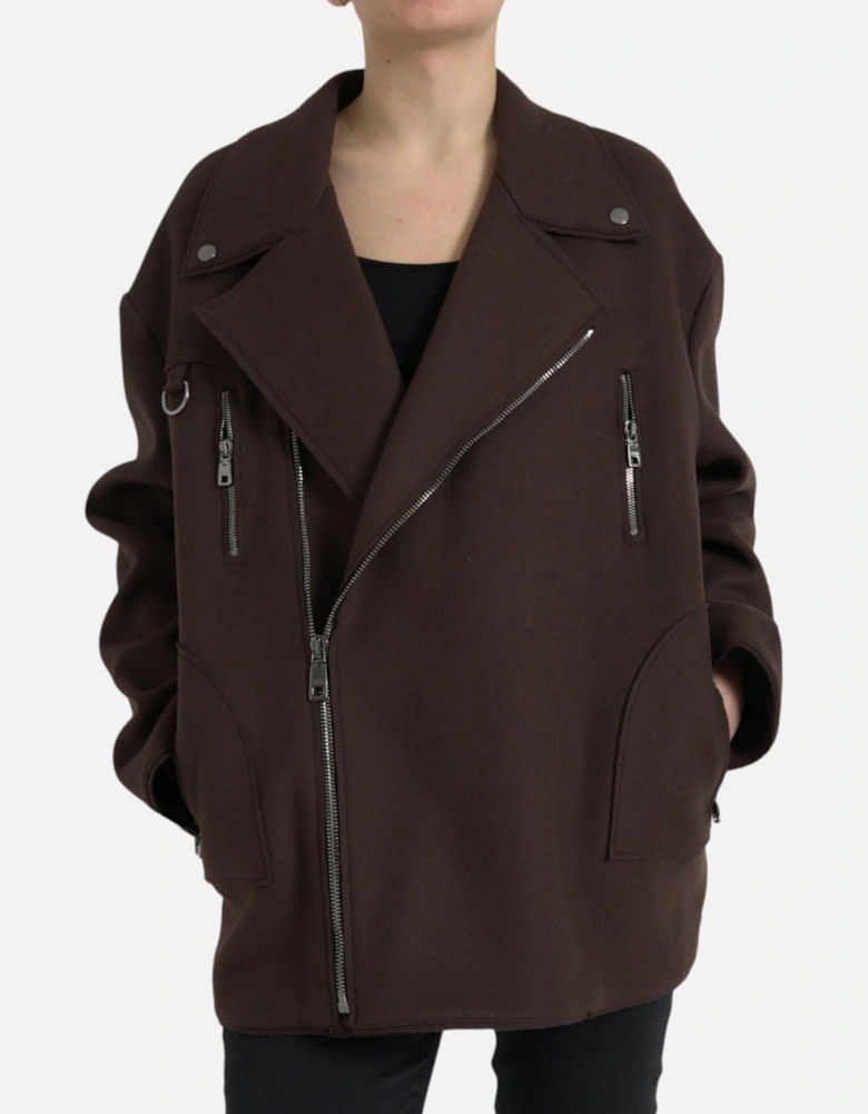 Dark Brown Wool Biker Jacket with Zipper Closure and Logo Details