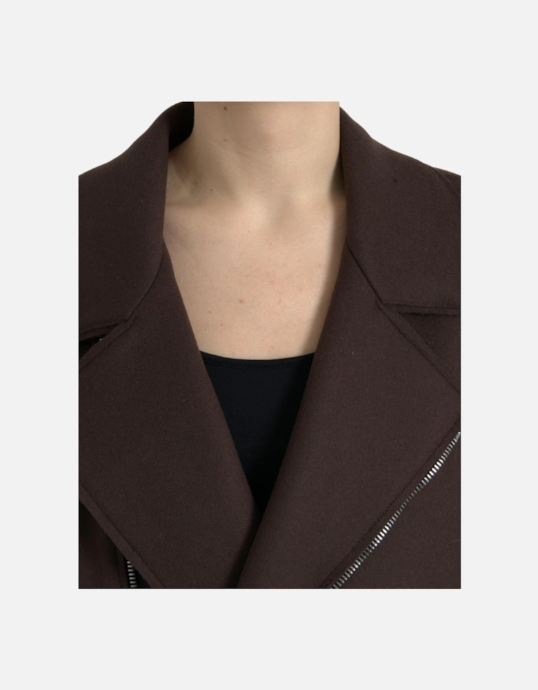 Dark Brown Wool Biker Jacket with Zipper Closure and Logo Details