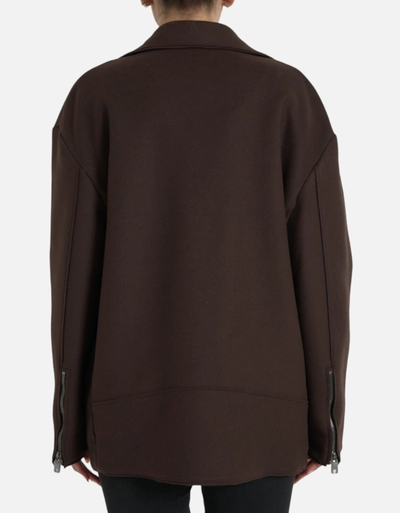Dark Brown Wool Biker Jacket with Zipper Closure and Logo Details