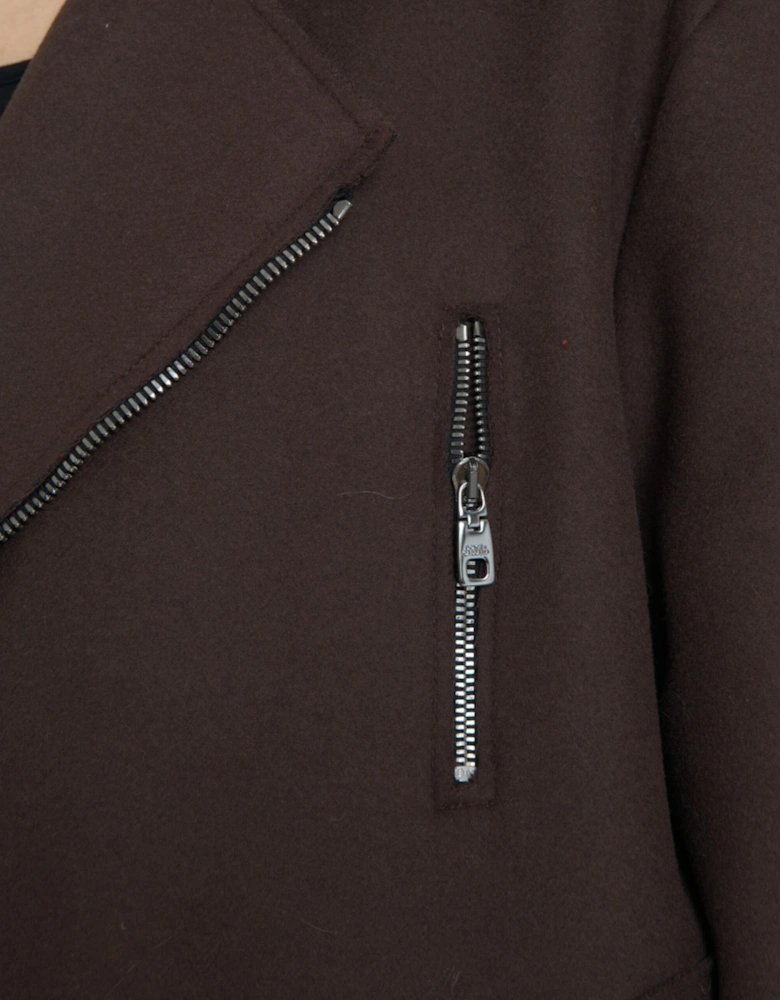 Dark Brown Wool Biker Jacket with Zipper Closure and Logo Details