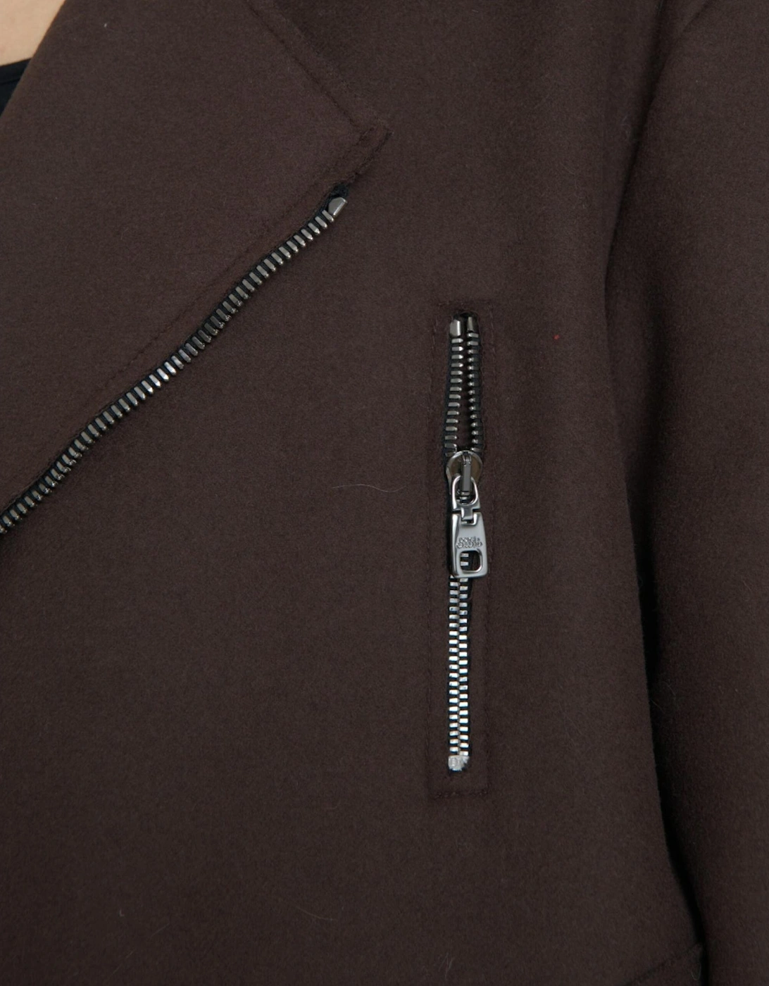 Dark Brown Wool Biker Jacket with Zipper Closure and Logo Details