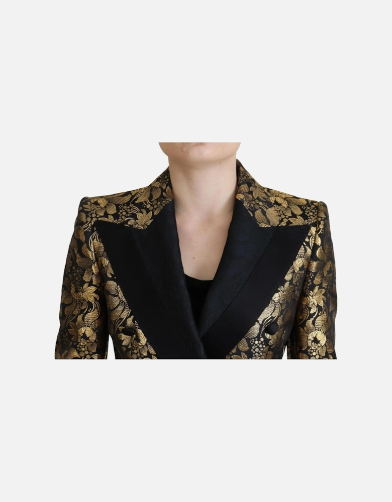 Floral Brocade Blazer Double Breasted Women - Black Jackets