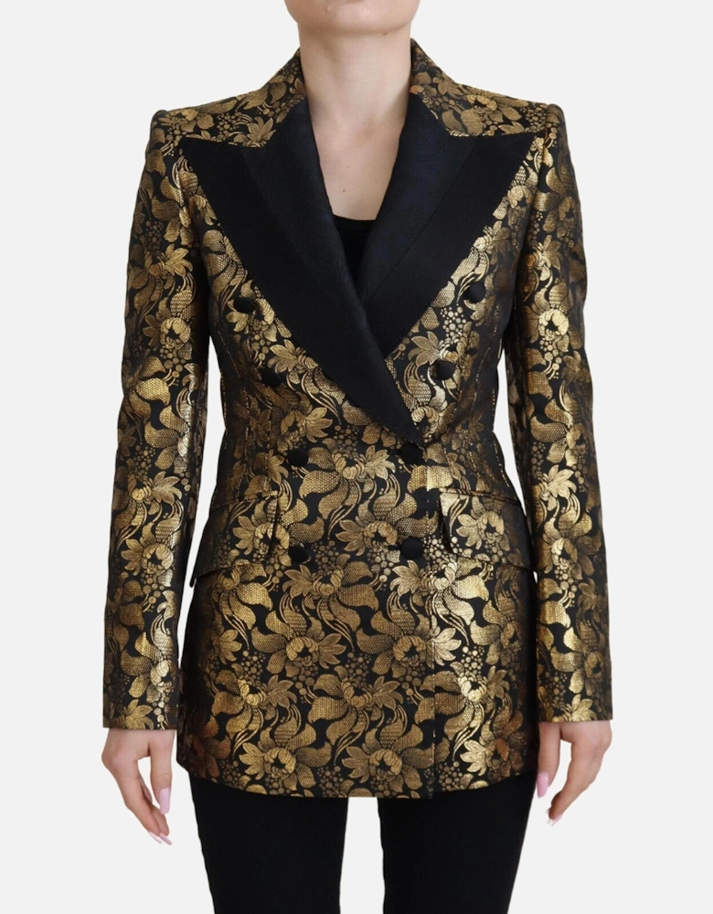 Floral Brocade Blazer Double Breasted Women - Black Jackets